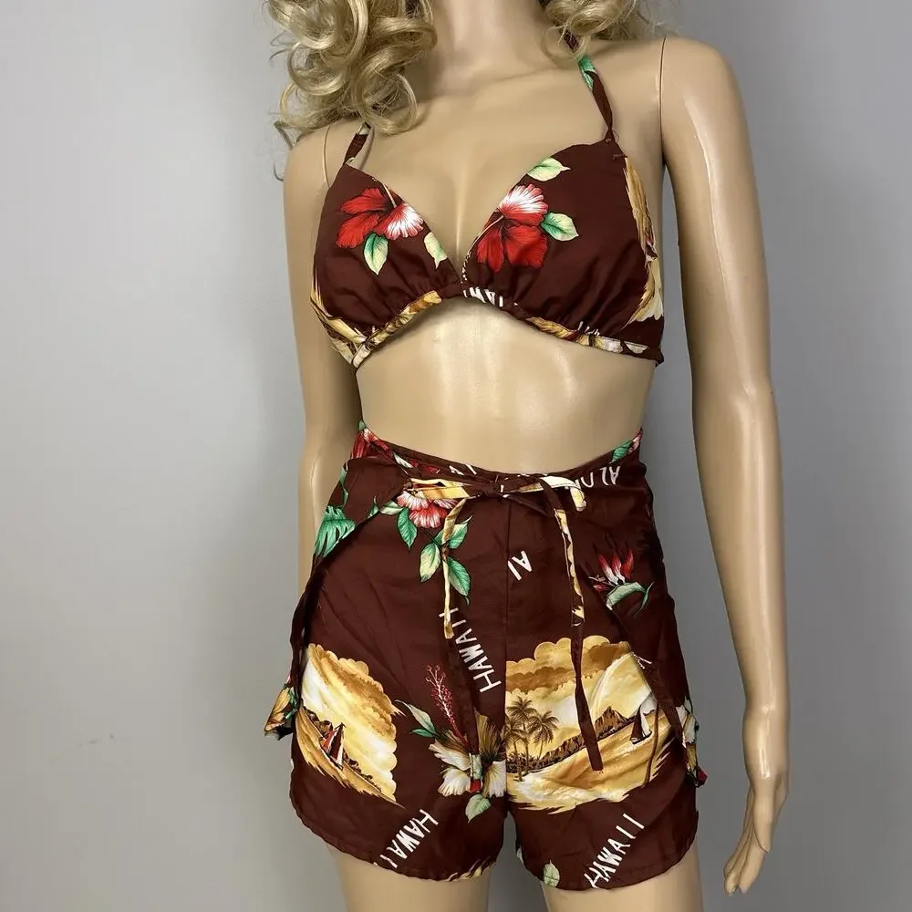 NEW Vintage Hawaiian Set Medium Wrap Shorts Triangle Bikini Top Hukilau Fashions